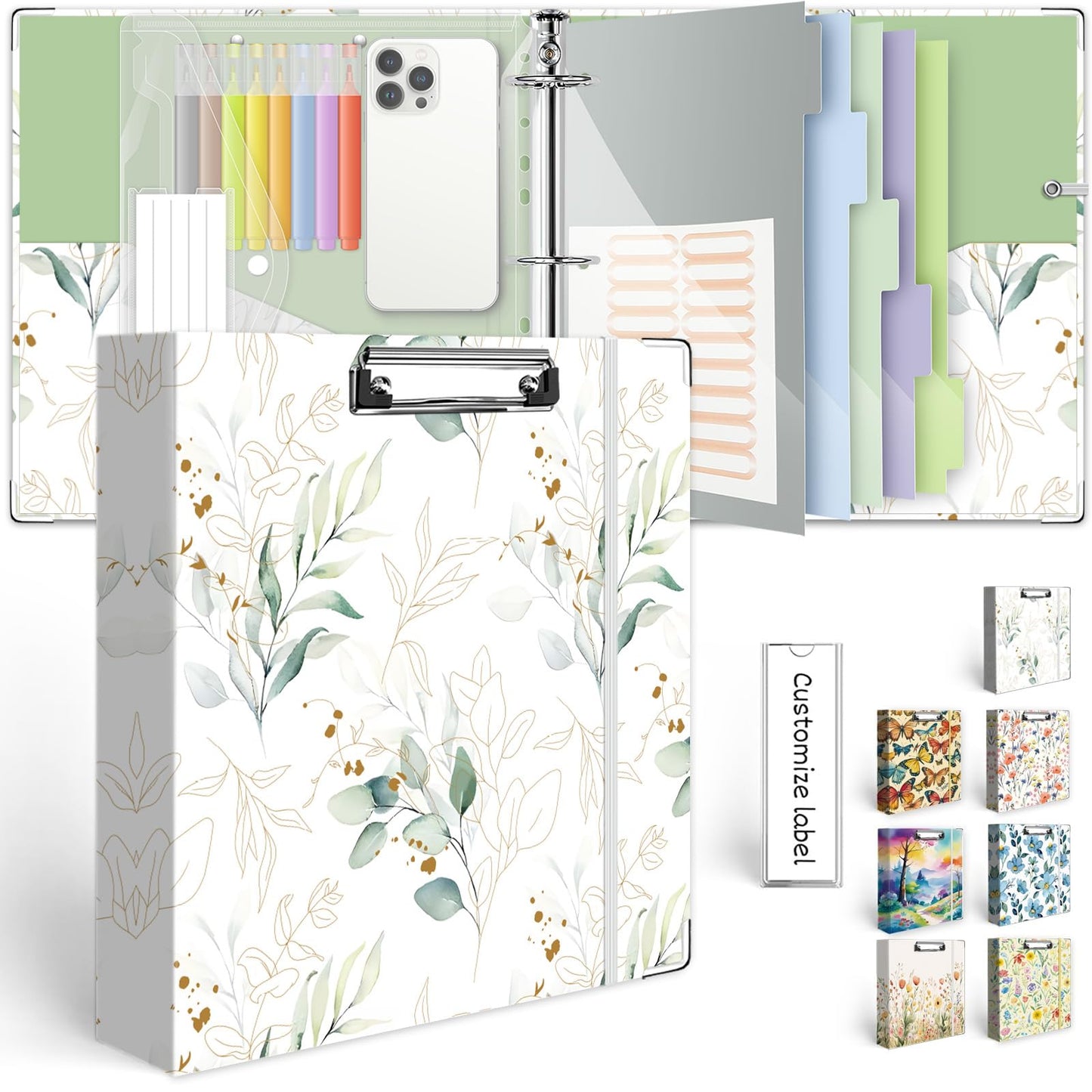 3 Ring Binder 2 Inch, Three Ring Binders Organizer with Clipboard, 5-Tabs Pockets Dividers, Plastic Folder, 18 Divider Stikers, KLLVE Cute Binder with Pen Loop (Leaves, Letter Size)