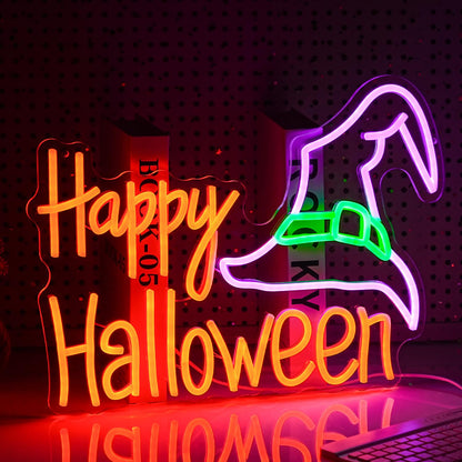 Happy Halloween Neon Sign Mysterious Purple Green Hat LED Neon Light for Wall Decor Dimmable USB Powered Halloween Light Up Sign for Halloween Decor Home Spooky Party bedroom Decor(16.5 * 12.6 In)