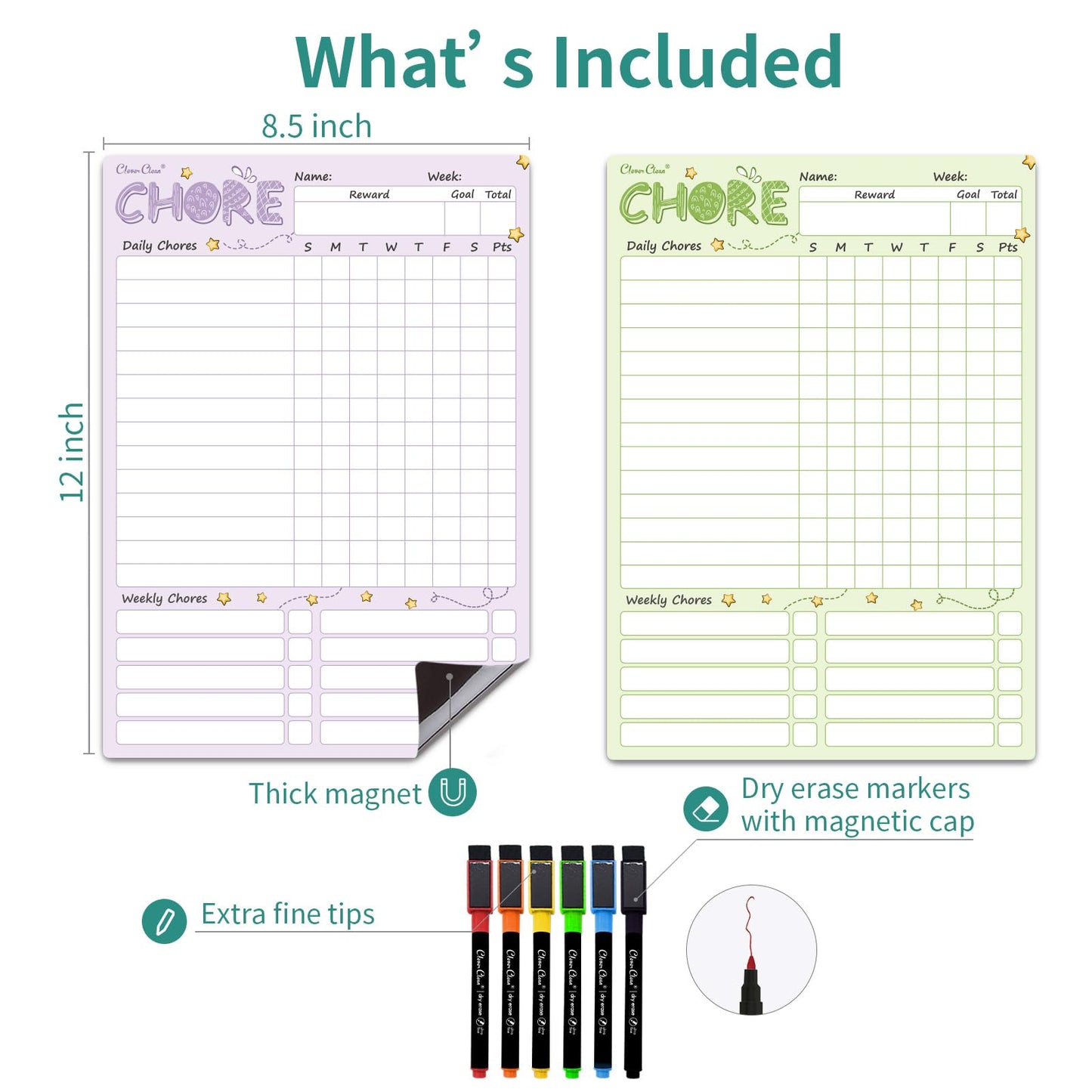 Magnetic Dry Erase Chore Chart - 8.5"x12" Behavior Responsibility Chore Board for Kids, Teenagers - 6 Extra Fine Point Markers Included - Shipped Flat 2 Pcs