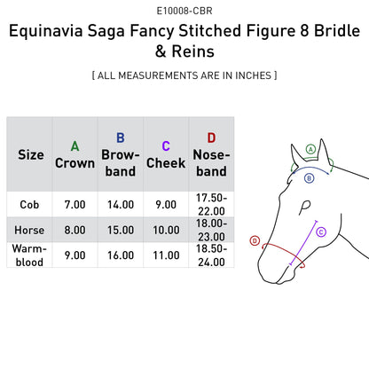 Equinavia Saga Adjustable Padded Fancy Stitched Figure 8 Bridle with Reins - Chocolate Brown - Warmblood