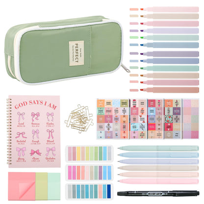 Bible Journaling Kit for Women, Bible Study Supplies Set with No Bleed Highlighters, Pens, Tabs, Notebook, Pencil Case, Christian Gifts for Women, Beginners, Students, Bible Study kit (Green)