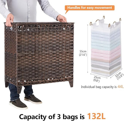 Laundry Hamper with 3 Removable Liner Bags; 132L Handwoven Rattan Laundry Basket with Lid & Heightened Feet; Clothes Hamper with Side Handles; Laundry Sorter with 3 Separate Sections