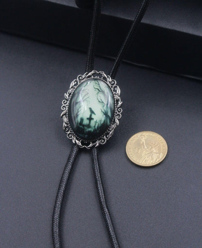 PEARLY JUN Gothic Bolo Tie for Men Women Cameo Western Cowboy Black Cat Bat Witch Vintage Halloween Jewelry Accessories Gifts (Black Cross Crow)