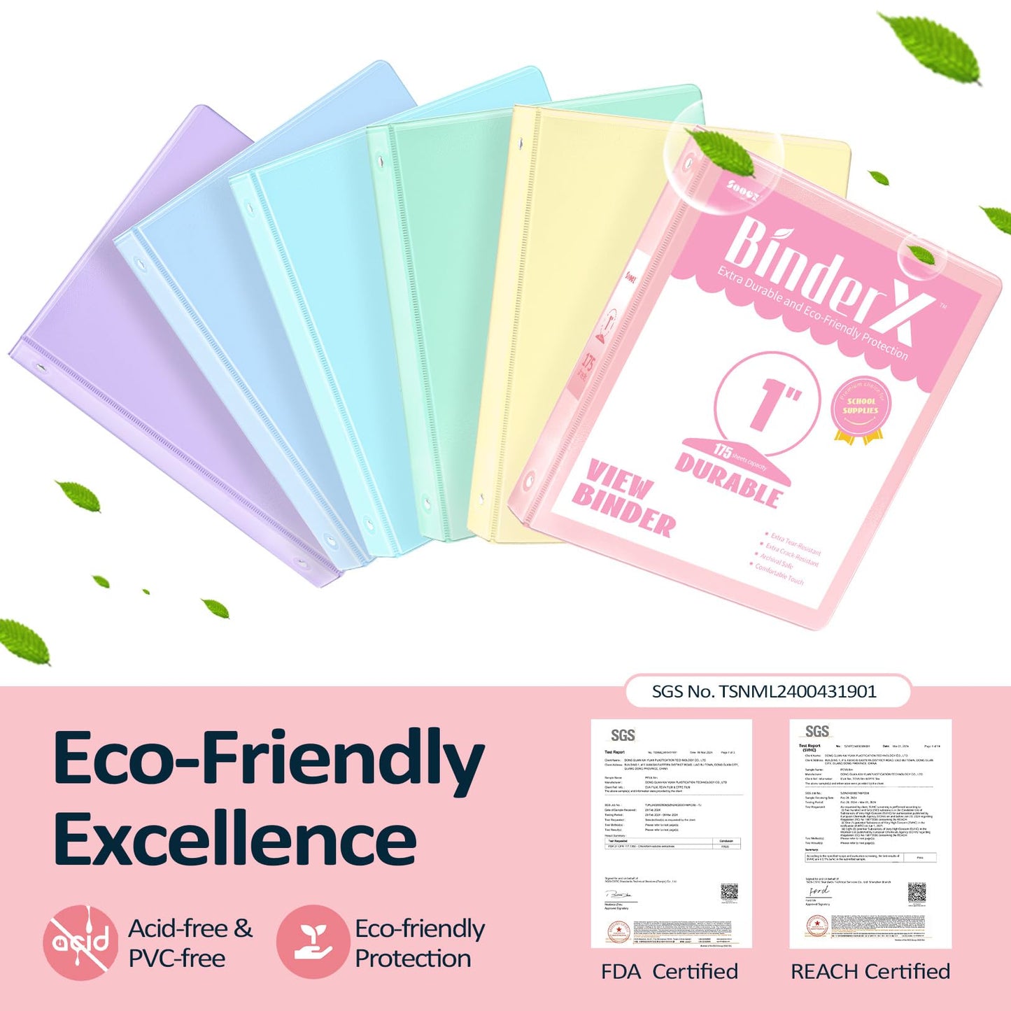 6 Pack Extra Durable 3 Ring Binders 1 inch, Sooez 1” Three Round Ring Binders with Pockets, Cute Customizable Clear View Cover for 8.5 x 11 Letter Size Papers, Pastels School Office Supplies for Girl