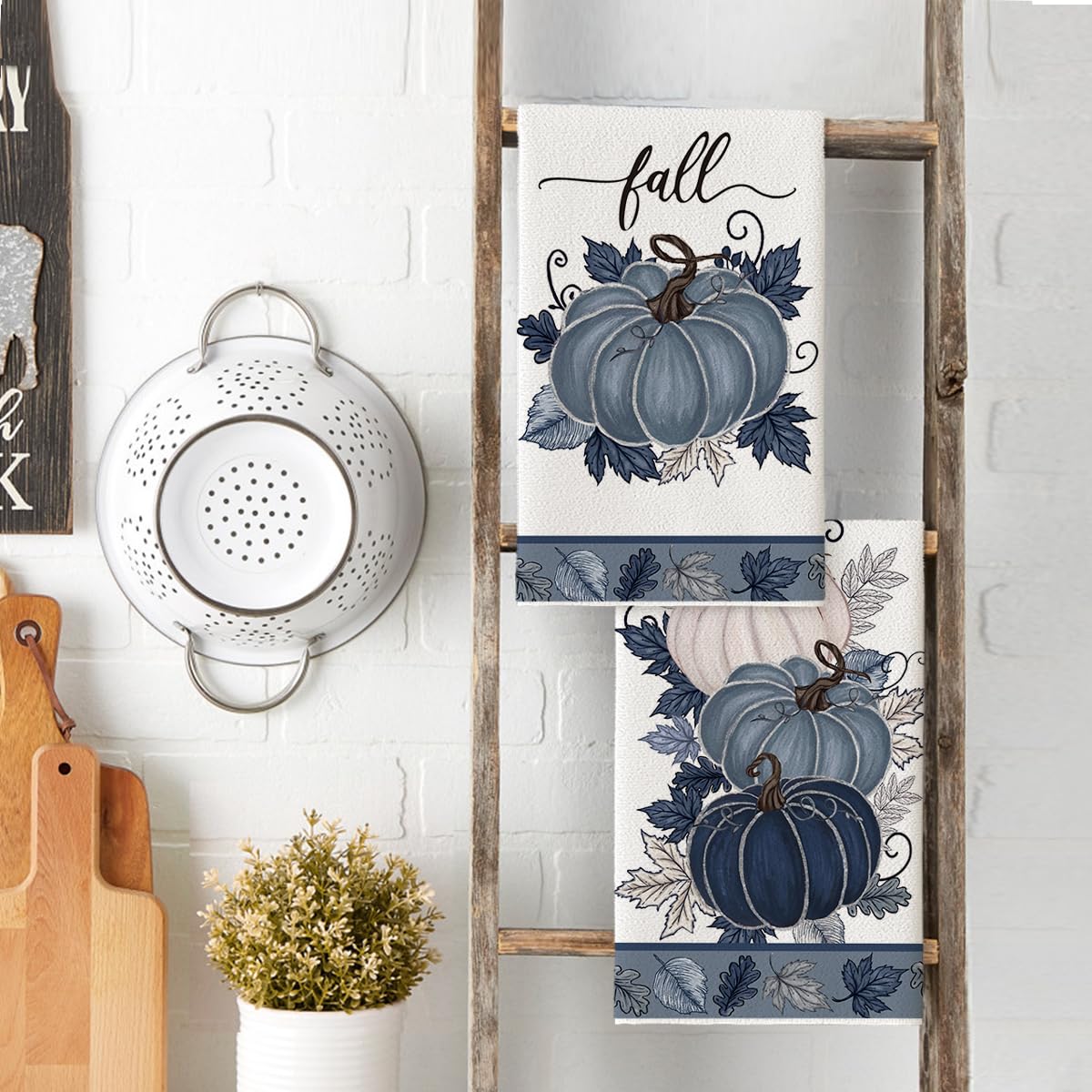 Artoid Mode Blue Leaves Pumpkin Fall Kitchen Towels Dish Towels, 18x26 Inch Farmhouse Autumn Decoration Hand Towels Set of 2