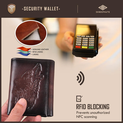 skneephate Men's Trifold Wallet,Wolf Wallets For Men Leather,Rfid Blocking,Gifts For Him Husband (coffee)