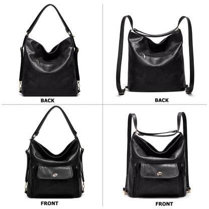 myfriday Vintage Leather Fashion Backpack Purse for Women Large Capacity Convertible Backpack Travel Daily Daypack (Black)