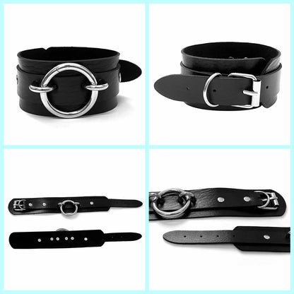 Tosmifairy Black Wide Soft Faux Leather Collar Choker Adjustable Thick PU Necklace and Bracelets Set for Women Men,Circle Ring Charm (Adjusted Neck: 17-21 Inches)