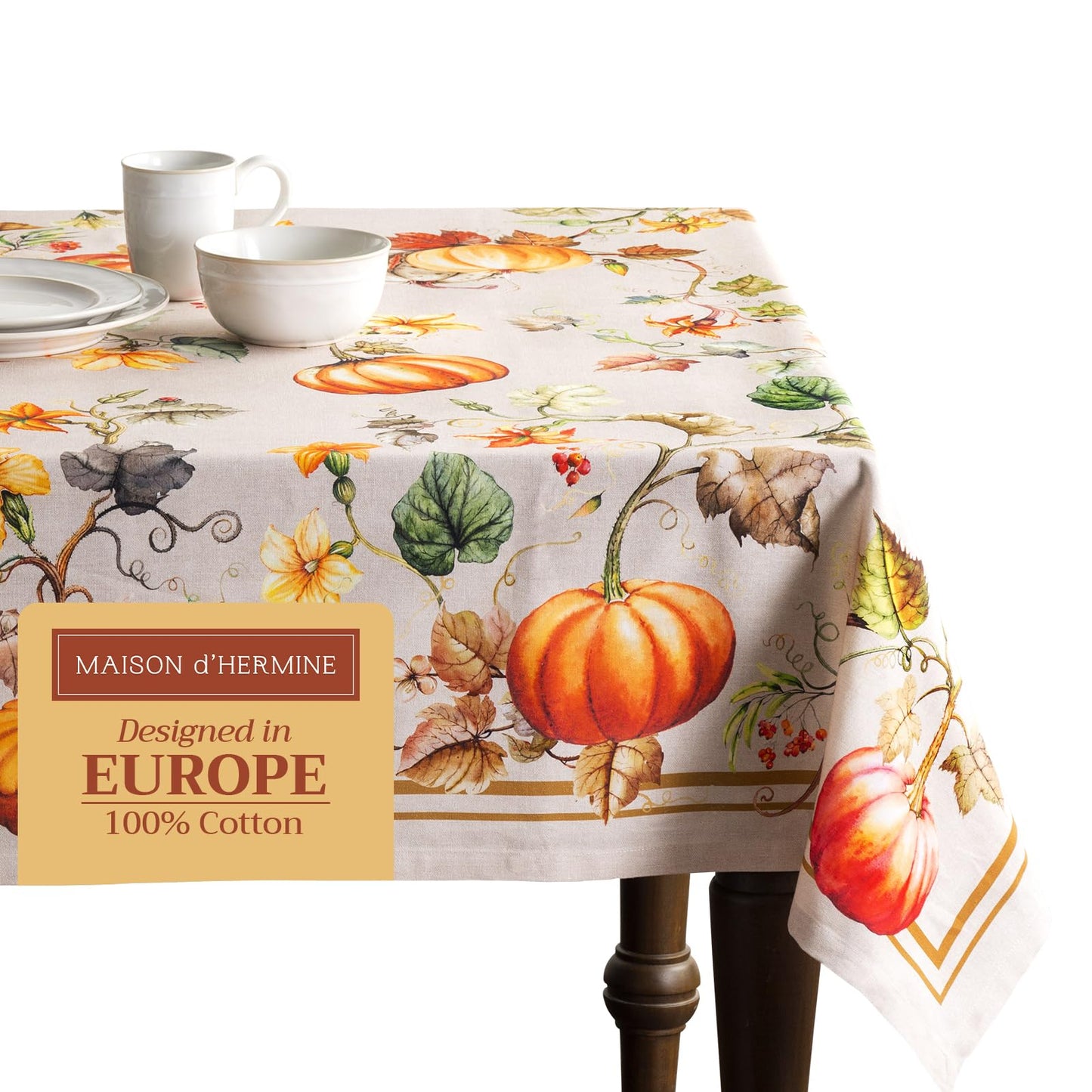 Maison d' Hermine Table Cloth Rectangle Table 100% Cotton 60 x 120 Inches Fall Tablecloth Reusable Everyday Use for Thanksgiving Christmas Decorations Dining Farmhouse Party (Potiron)