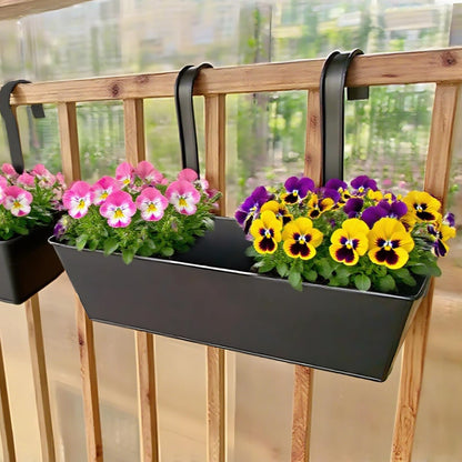 Tressify Outdoor Hanging Planter, 2 Pcs 16.3 in Black Metal Railing Planter Box, Iron Flower Pot with Drainage Holes