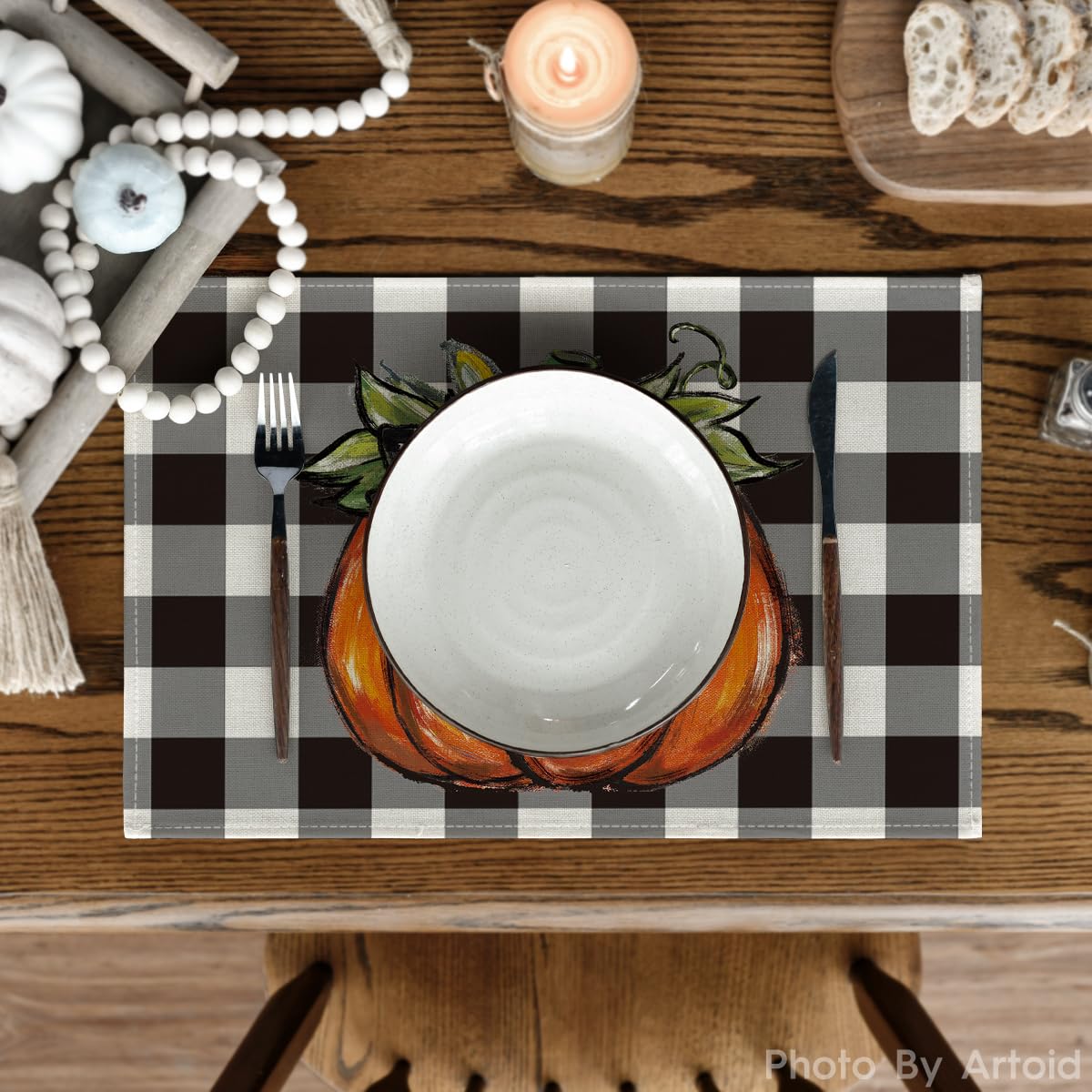 Artoid Mode Buffalo Plaid Pumpkin Bow Fall Placemats Set of 6, 12x18 Inch Seasonal Table Mats for Table Runner Party Kitchen Dining Decoration
