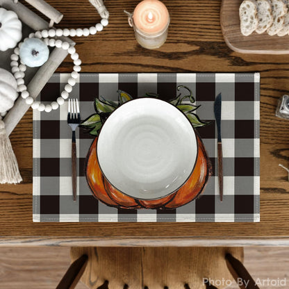 Artoid Mode Buffalo Plaid Pumpkin Bow Fall Placemats Set of 6, 12x18 Inch Seasonal Table Mats for Table Runner Party Kitchen Dining Decoration