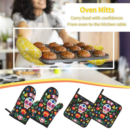 Mexican Skull Skeleton Floral Oven Mitts and Pot Holders Set of 4, Oven Mittens and Potholders Heat Resistant Gloves for Kitchen Cooking Baking Grilling BBQ