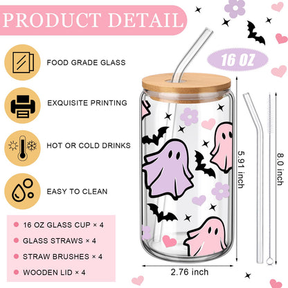 SiliFine 4 Pcs Pink Halloween Glass Cups with Lid and Straw 16 oz Drinking Glasses Halloween Iced Coffee Cups Can Shape Fall Mug Tumbler for Women Men Birthday Party Favor Gift