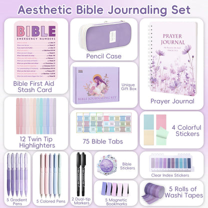 XKDOUS Bible Study Supplies Journaling Kit for Women, Bible Study Kit Journaling Supplies with Prayer Journal, Highlighters, Emergency Card, Pencil Case and More, Christian Gifts for Women, Purple