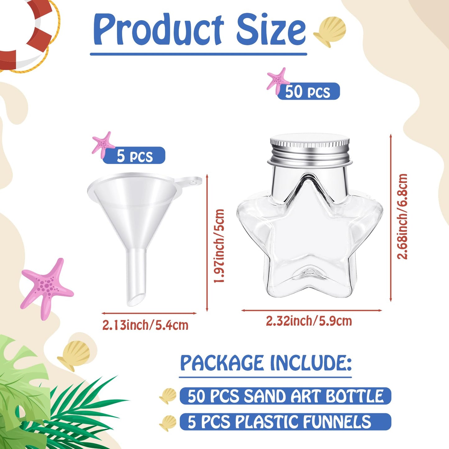 Hsei 50 Pcs Plastic Sand Art Bottles and 5 Mini Funnels Round Clear Potion Bottles Candy Jars for Liquor Birthday Decoration DIY Art Crafts Gift, Without Sand(Star)