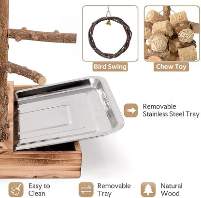 Natural Wood Bird Perch Stand, Multi-Layer Parrot Playground Gym with Feeding Cups and Toys, Real Branch Activity Center for Cockatiels, Parakeets, Conures, Budgies, Tabletop and Cage Top Use