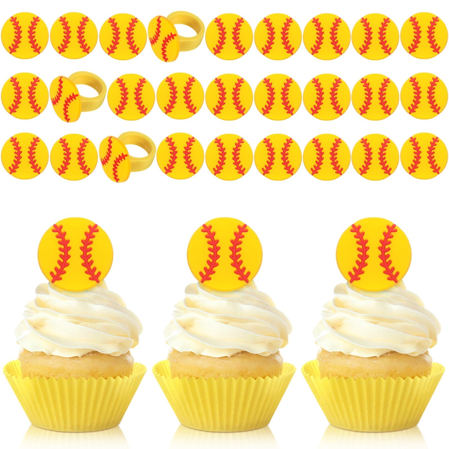Honeydak 48 Pcs Softball Cupcake Rings Toppers Decoration Sport Ball Theme Cake Picks Softball Senior Night Party Decoration Sport Cupcake Toppers Rings for Birthday Party Supplies