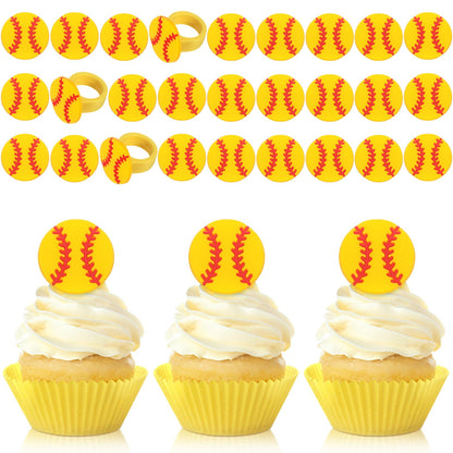 Honeydak 48 Pcs Softball Cupcake Rings Toppers Decoration Sport Ball Theme Cake Picks Softball Senior Night Party Decoration Sport Cupcake Toppers Rings for Birthday Party Supplies