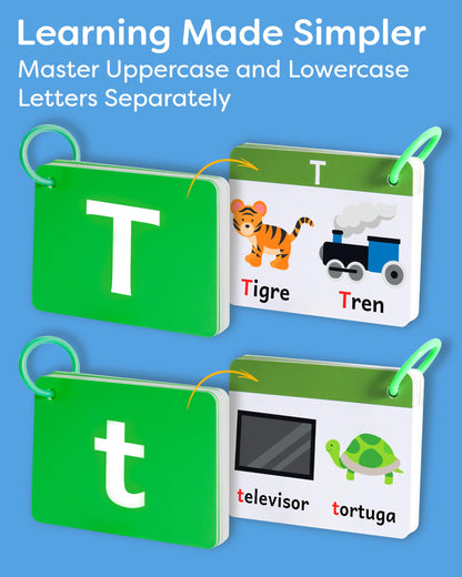 Spanish Alphabet Flash Cards - Thick ABC Flash Cards for Kids Ages 3-6 - Lowercase & Uppercase Letter Recognition Learning Game