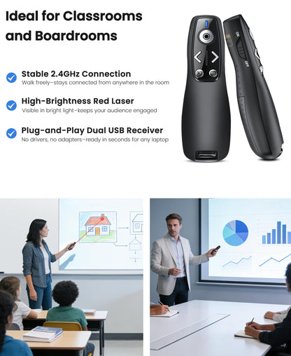 Presentation Clicker with USB-A & USB-C Receiver, 2.4GHz Wireless Presenter Remote with Volume Control & Red Light Pointer, Clicker for PowerPoint Slides Slide Advancer for Mac Computer, Plug & Play