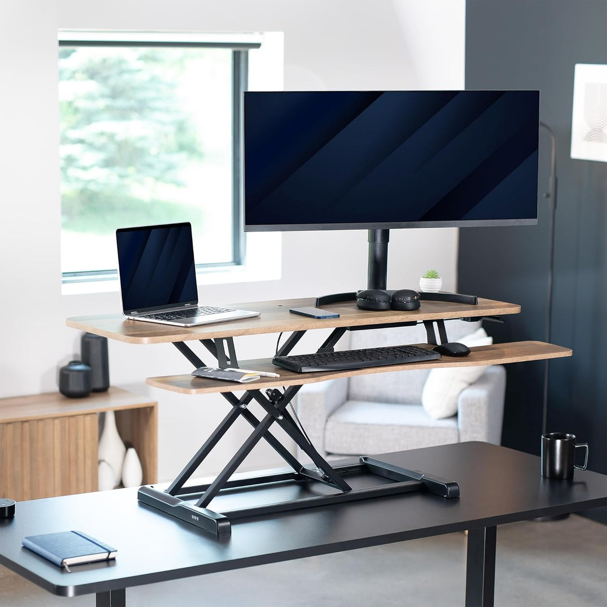 VIVO 42 inch Desk Converter, K Series, Height Adjustable Sit to Stand Riser, Dual Monitor and Laptop Workstation with Wide Keyboard Tray, Reclaimed Wood Top, Black Frame, DESK-V042KP