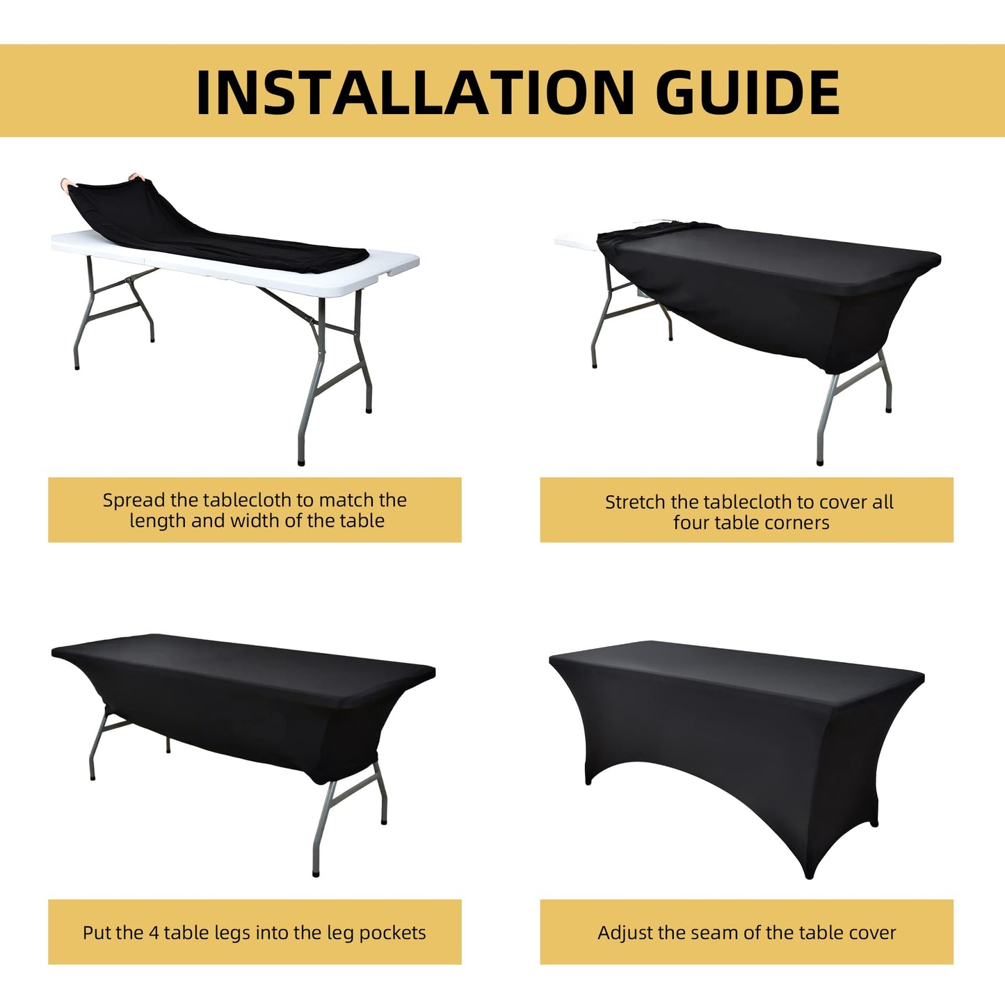 ZarzaaSik 2-Pack 6ft Black Spandex Table Covers for Rectangle Standard Folding Tables - Wrinkle Resistant Stretch Tablecloths - Ultimate Fitted Table Protector for Parties, Trade Shows, Banquet