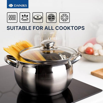 Daniks Classic 12-Piece Stainless Steel Cookware Set with Glass Lids, Includes Saucepan and Frying Pan with Lid, Tri-Ply Bases for Even Heating, Induction Compatible, Dishwasher Safe