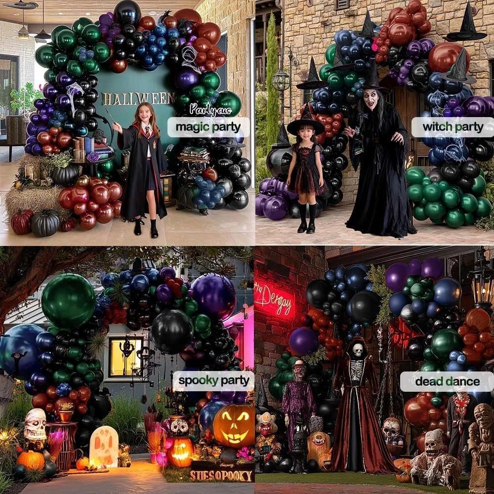 Halloween Balloon Arch Double Stuffed, Dark Green Navy Blue Burgundy Purple Black Balloon Garland Kit for Halloween Birthday Witch Gothic Spooky Magic Party Decoration