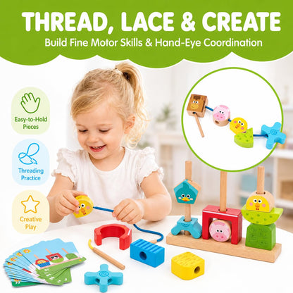 hahaland Montessori Toys for 1 2 3 Year Old, Wooden Farm Stacking & Sorting Toy with Lacing Beads, Shape Cards & Brain Blocks, Toddler Puzzle Activity, Learning Gift for Boys Girls 12 Month+