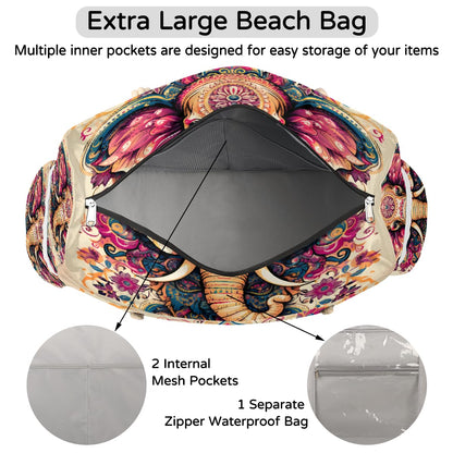 ModaQua Elephant Floral Splendor Beach Bags Waterproof Sandproof for Women, Large with Zipper Pool Beach Tote Reusable Grocery Shoulder Bag for Swim Travel Shopping Vacation Picnic