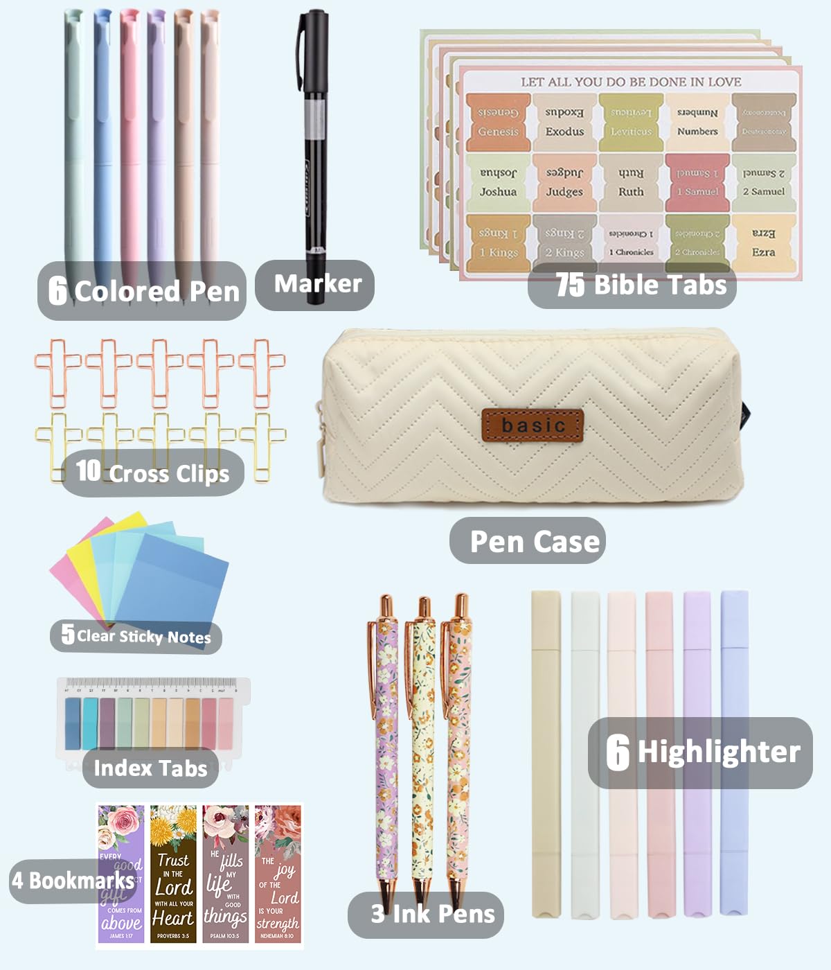 PartyGalore Bible Study Supplies Journaling Kit with Tabs and Highlighter, Pen Case, Bookmark, Bible Annotation kit, Bible Study Group Essentials Accessories for Women Students Christian Gifts