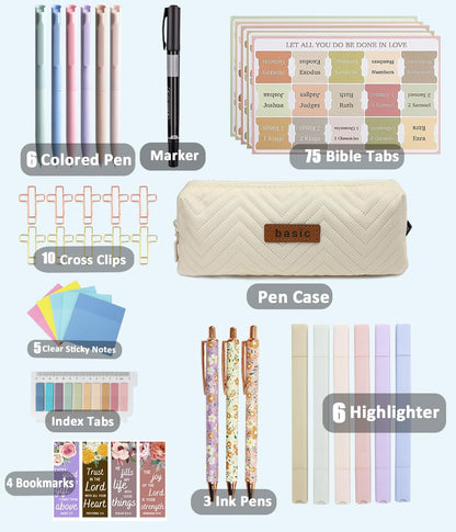PartyGalore Bible Study Supplies Journaling Kit with Tabs and Highlighter, Pen Case, Bookmark, Bible Annotation kit, Bible Study Group Essentials Accessories for Women Students Christian Gifts