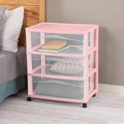 Sterilite Wide Storage Cart, 3 Clear Drawer Plastic Organizer with Wheels, Pink Frost Frame - Rolling Unit for Craft Supplies or Home Accessories
