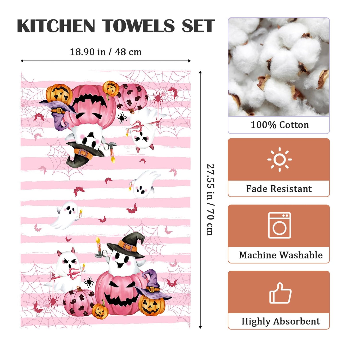 Arquiel Halloween Cute Boo Pumpkin Tea Towels, Cotton Kitchen Towel 18.9 × 27.5 Inch, Quick Drying Dish Cloth for Party Anniversary Holiday Decoration Housewarming Gifts
