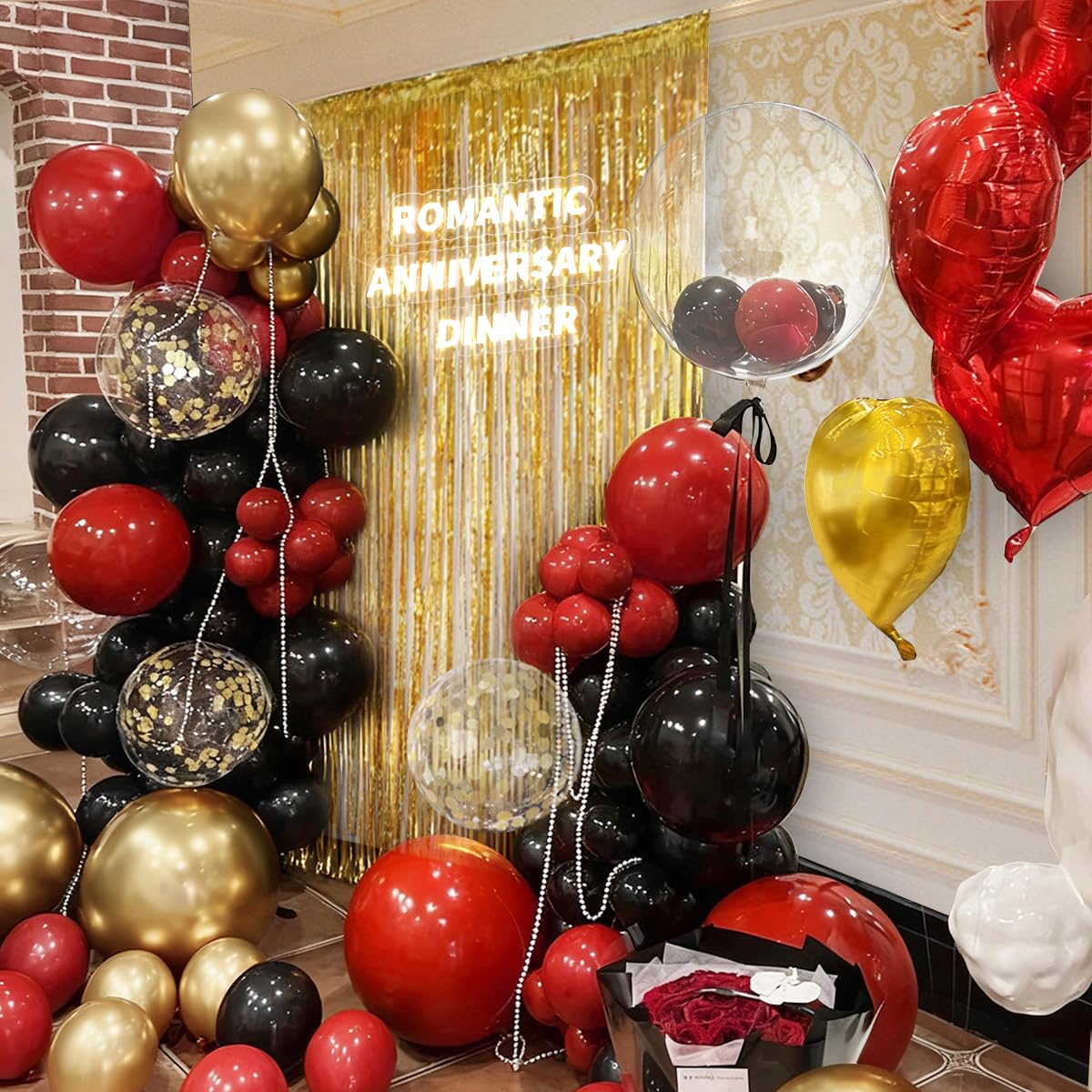 157Pcs Red Black Gold Balloons Garland Arch Kit with Glitter Fringe Curtain Backdrop for Adults Masquerade Halloween New Year Eve Casino Birthday Party Decorations