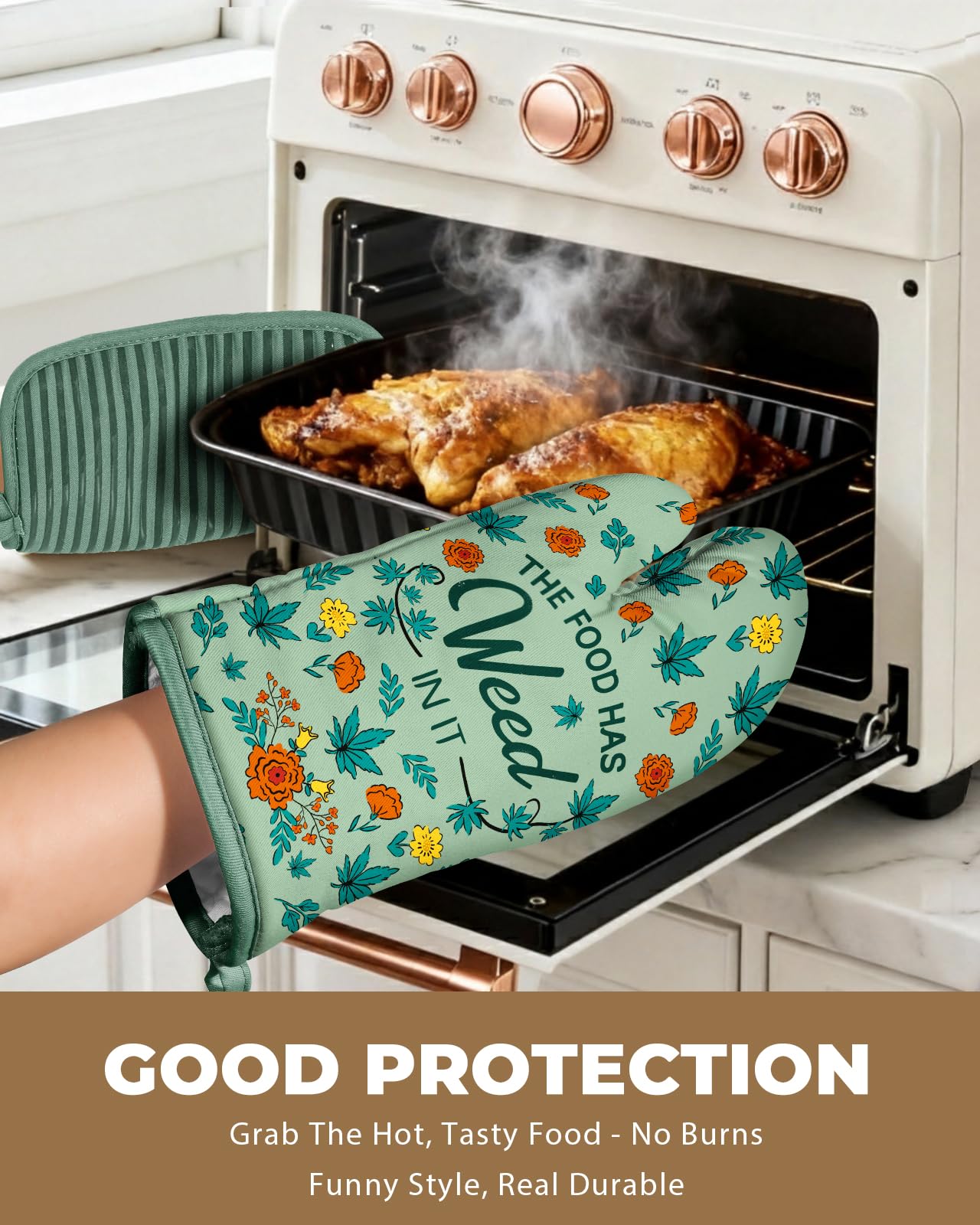 Slohif Funny Oven Mitts and Pot Holder for Women - Heat Resistant Leaf Cute Novelty Kitchen Oven Mittens 100% Cotton, Non-Slip Silicone Surface Pot Holder for Baking and Cooking Accessories