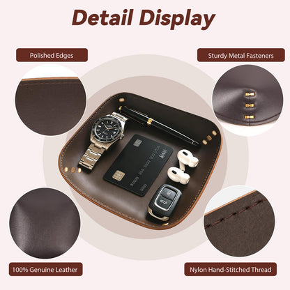 Genuine Leather Valet Tray-Handmade Brown Leather Catchall Organizer for Desk, Nightstand Bedside Desk & Entryway Table Storage Tray for Keys, Phone, Wallet, Coins, Jewelry for Women & Men