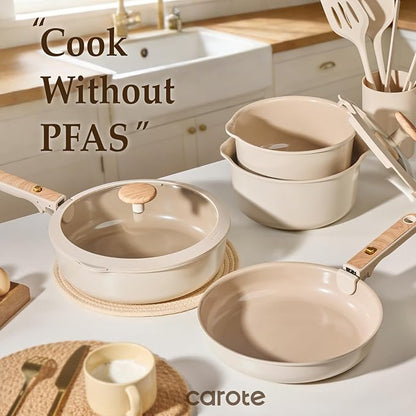 CAROTE 25 Pcs Ceramic Cookware Sets, Pots and Pans Set Non Stick, Detachable Handle, Induction & Oven Safe, Stackable Space - 70% Saving, Cookware Non Stick Cooking Set, Taupe (PFOS, PFOA Free)