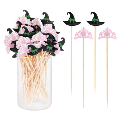 100 Pcs Witch Hat Cocktail Picks Decorative Toothpicks for Appetizers Fruit Sandwich Charcuterie Skewers Food Sticks for Pink Green Birthday Baby Shower Halloween Party Supplies
