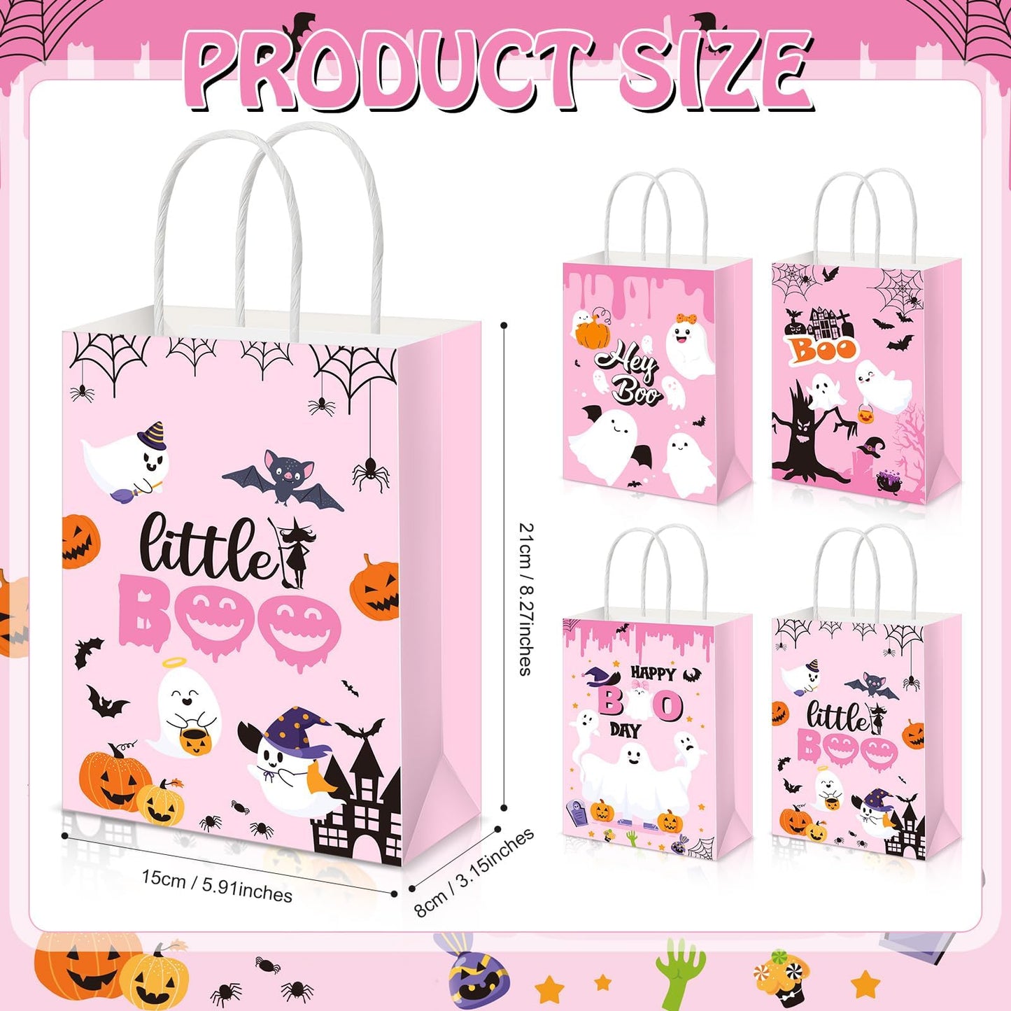 Kolldenn 48 Pink Halloween Snack Bags with Handle Hey Boo Treat Bags Bulk Pink Party Favors for Halloween Parties & Decor