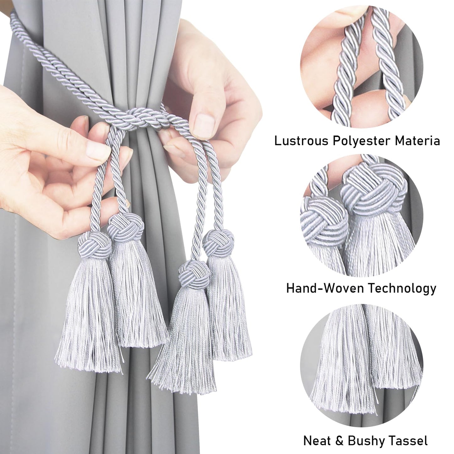 Porlau Elegant Curtain Tiebacks Rope Decorative Curtain Tie Backs for Drapes Hand Woven Window Treatment Holdbacks with Tassel, Grey 6pack