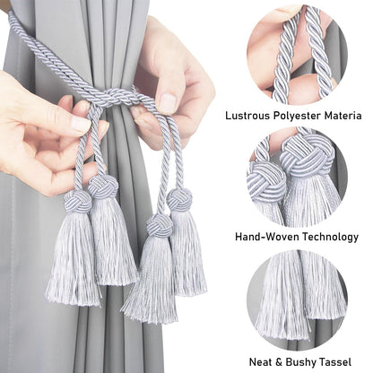 Porlau Elegant Curtain Tiebacks Rope Decorative Curtain Tie Backs for Drapes Hand Woven Window Treatment Holdbacks with Tassel, Grey 6pack
