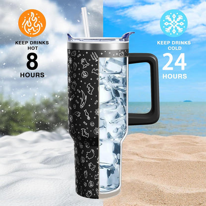 Sabobo Halloween Ghost Cup Gifts for Women Men, Spooky 40oz Tumbler with Handle and Straw, Holiday Black Engraved Stainless Steel Insulated Water Bottle (1 PC)