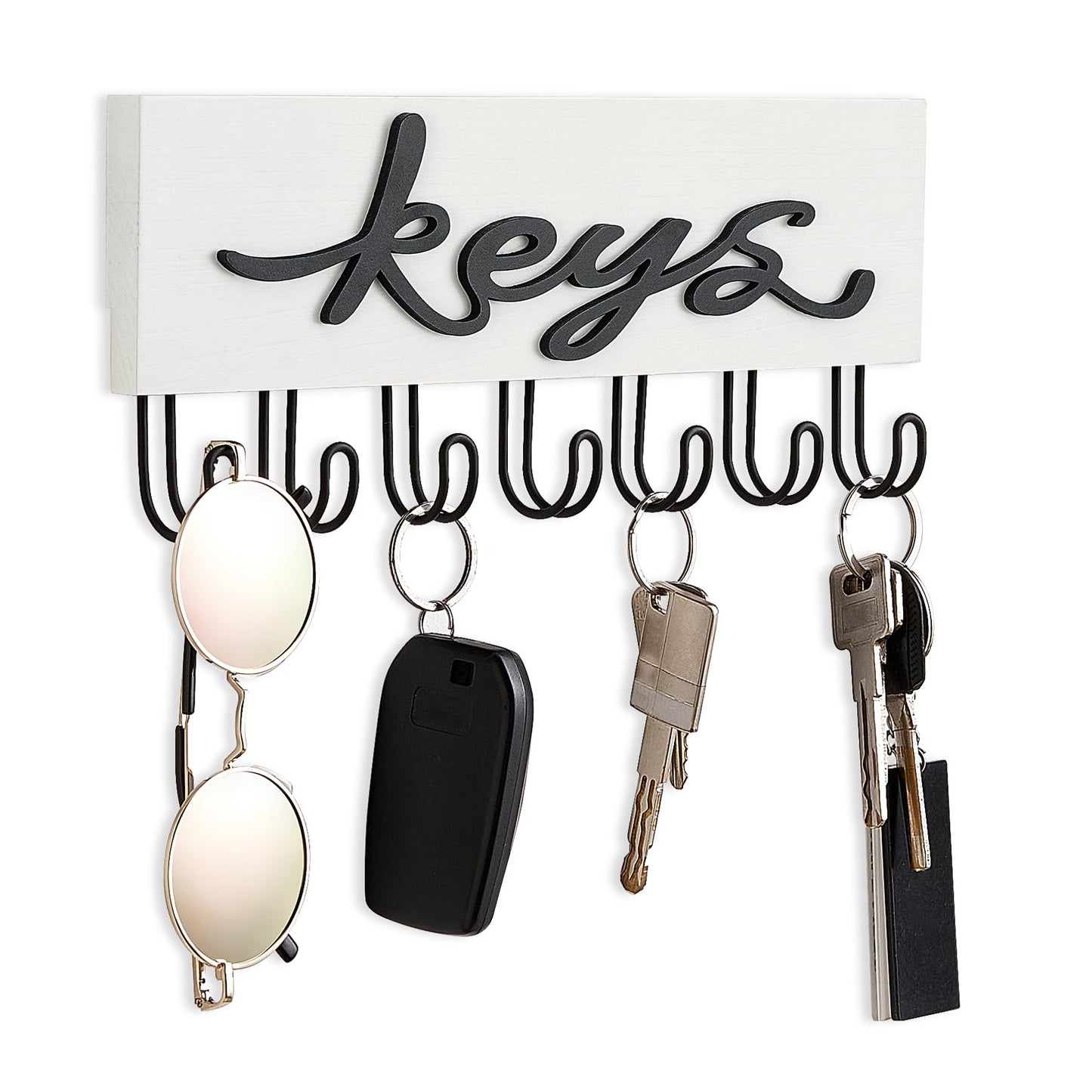 Mkono Key Holder for Wall Decorative with 7 Hooks, Wall Mounted Keys Hanger Organizer Rustic Wood Hanging Key Hooks Home Decor Farmhouse Key Rack for Entryway, Hallway, Office, White