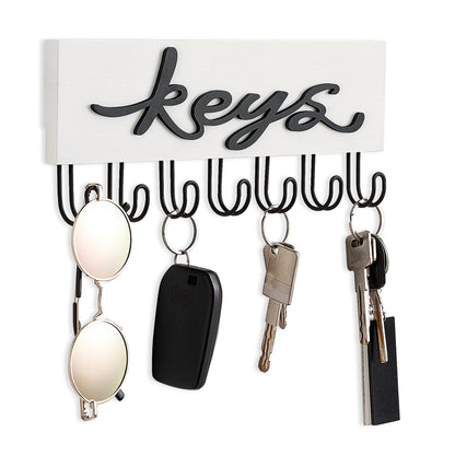 Mkono Key Holder for Wall Decorative with 7 Hooks, Wall Mounted Keys Hanger Organizer Rustic Wood Hanging Key Hooks Home Decor Farmhouse Key Rack for Entryway, Hallway, Office, White