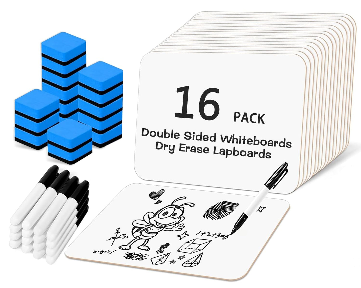 16 Packs Dry Erase LapBoards with 16 Erasers and 16 Markers, 12.5" x 9" Double Sided Whiteboards, Dry Erase Boards for Students Teachers Kids Learning Education Home Classroom Office Meeting Group