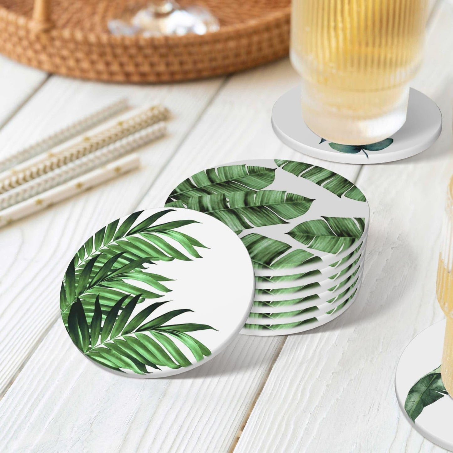 Coasters for Drinks Absorbent with Holder,Floral Pattern with Tropical Leaves Sets of 6 Durable Cup Coaster for Coffee Table Protection,Great Housewarming Birthday Gifts,Home Decor