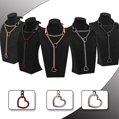 SIROLISA Handmade Black Heart Choker Collar for Women, Punk Gothic Vegan Leather Slip Chain Necklace with Adjustable Buckle, O-Ring Y-Necklace Jewelry for Goth Alternative Aesthetic Costumes