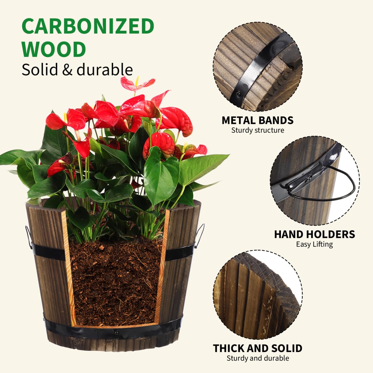 Healeved Wooden Round Barrel Planter Flower Pot for Succulents with Permeable Bottom 7.08X7.08X5.9 Inches Indoor Outdoor Home Office Garden D Cor